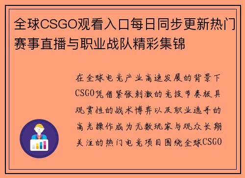 全球CSGO观看入口每日同步更新热门赛事直播与职业战队精彩集锦